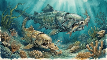 Ilustración en acuarela de dos peces acorazados prehistóricos entre corales y algas en el fondo marino.