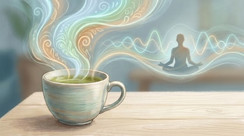 Ilustración digital de una taza de té verde humeante sobre una mesa de madera. El vapor forma ondas y patrones luminosos alrededor de una silueta humana meditando.