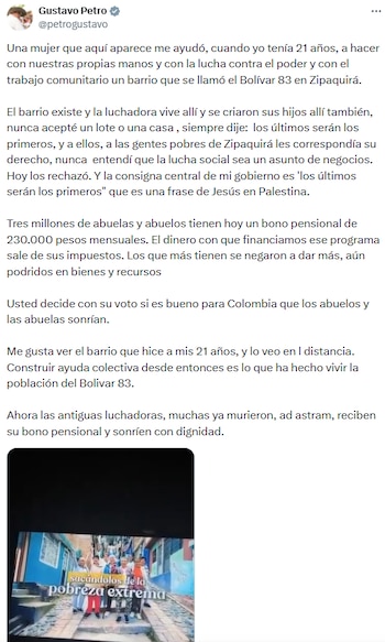 Gustavo Petro recordó la creación del barrio Bolívar 83 y destacó la ayuda colectiva en Zipaquirá - crédito @petrogustavo/X