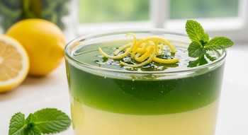 Vaso de cristal con gelatina de dos capas, verde arriba y amarilla abajo. Ralladura de limón y hojas de menta en la superficie. Limones al fondo.