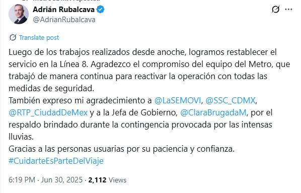Adrián Rubalcava informó el restablecimiento total de la Línea 8. Foto: X/@AdrianRubalcava.