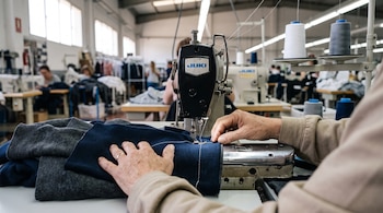 Manos de una persona sobre telas azul y gris bajo la aguja de una máquina de coser industrial con bobinas de hilo.