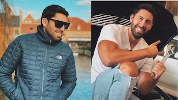Francho Sierralta sonríe en dos poses: en exterior con chaqueta acolchada y gafas de sol, y junto a un coche con el capó abierto, sujetando una llave inglesa