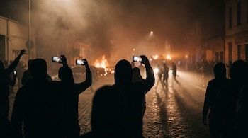 Siluetas de personas de espaldas sostienen teléfonos móviles iluminados frente a un fuego lejano y humo en una calle empedrada.