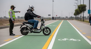 Agente de tránsito con uniforme y mascarilla señala a persona en moto eléctrica con casco y mochila sobre ciclovía marcada en verde y amarillo.