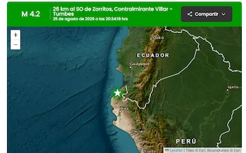 Mapa de las costas de Perú y Ecuador con una estrella verde que indica el epicentro de un sismo de magnitud 4,2 y un encabezado con datos