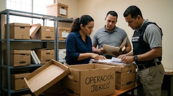 Tres personas examinan documentos junto a varias cajas de cartón sobre una mesa, una de las cuales lleva escrito Operación Jericó.