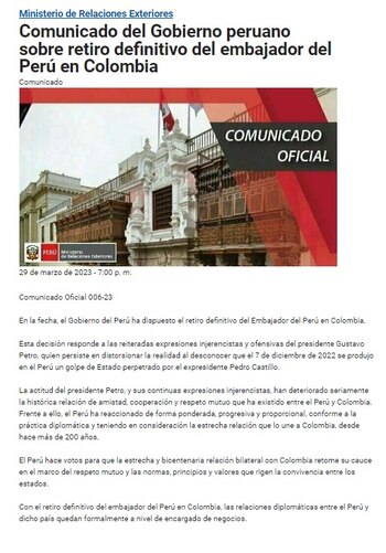 Comunicado del Ministerio de Relaciones