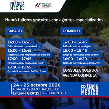 Cartel informativo azul y blanco del Festival de Francia México con listas de actividades por horario, fechas y ubicación del evento