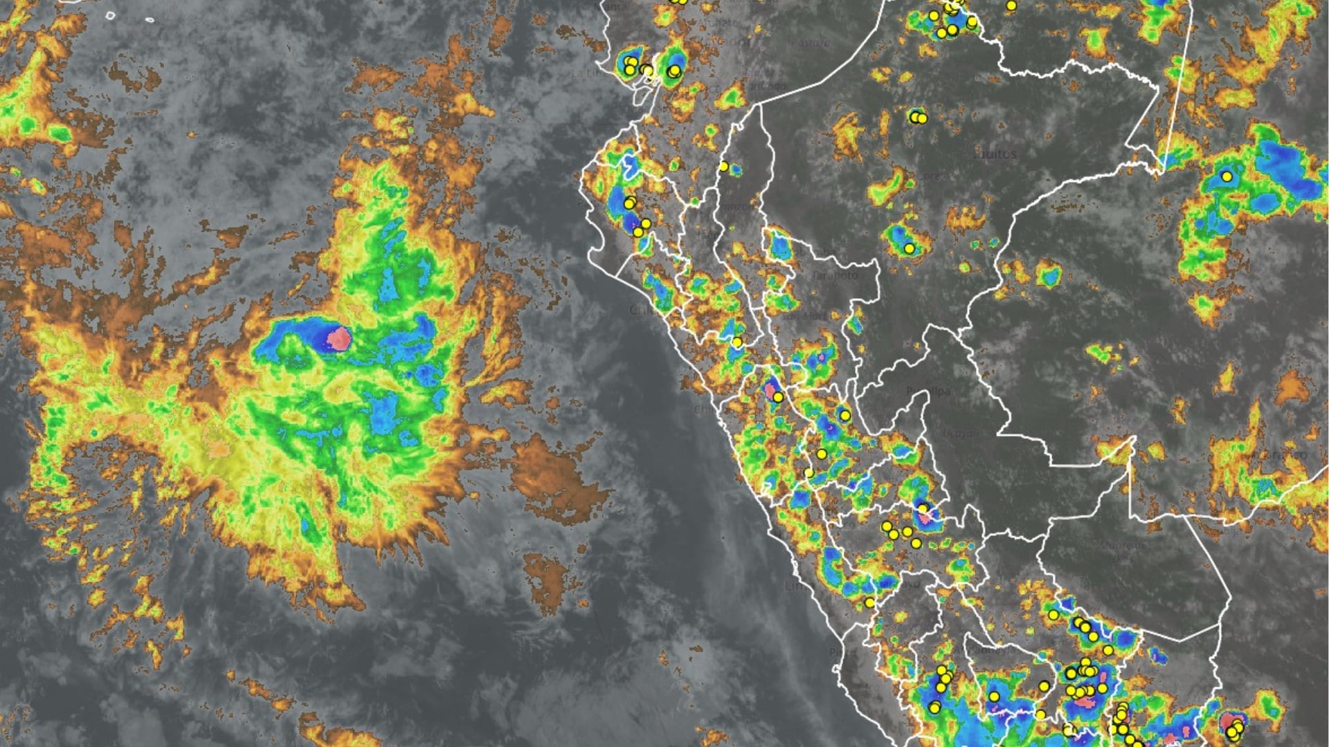 Un mapa satelital del Senamhi registra sistemas de lluvias y cobertura nubosa sobre la costa y el territorio de Perú. (Senamhi)