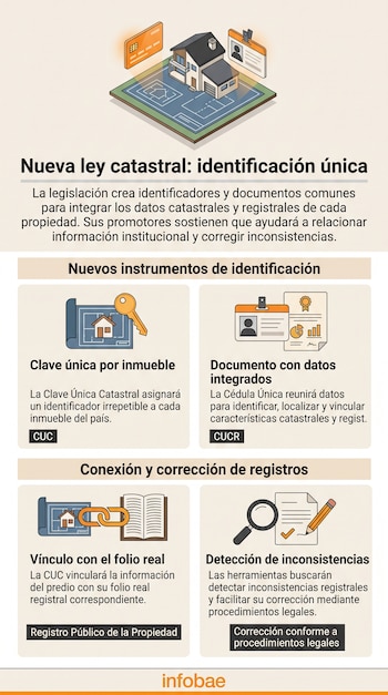 Infografía con ilustración de una casa sobre un plano, tarjetas de identificación y cuatro cuadros explicativos sobre la ley catastral.