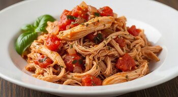 Un plato blanco contiene pollo desmenuzado con salsa de tomate, trozos de tomate y cebolla, hierbas y una hoja de albahaca. La superficie es de madera oscura.