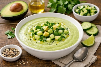 Cuenco de crema verde con dados de aguacate, pepino, hierbas y sésamo; aguacate, pepino, lima, cilantro, aceite y semillas de sésamo en mesa de madera.