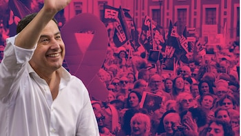 Composición fotográfica de Juanma Moreno y una manifestación de Amama por las afectadas de la crisis de los cribados de la Junta de Andalucía (Infobae España)