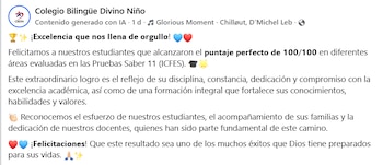 La institución felicitó a los jóvenes que se esforzaron en el desarrollo de las Pruebas Saber 11 (Colegio Bilingüe Divino Niño/Facebook)