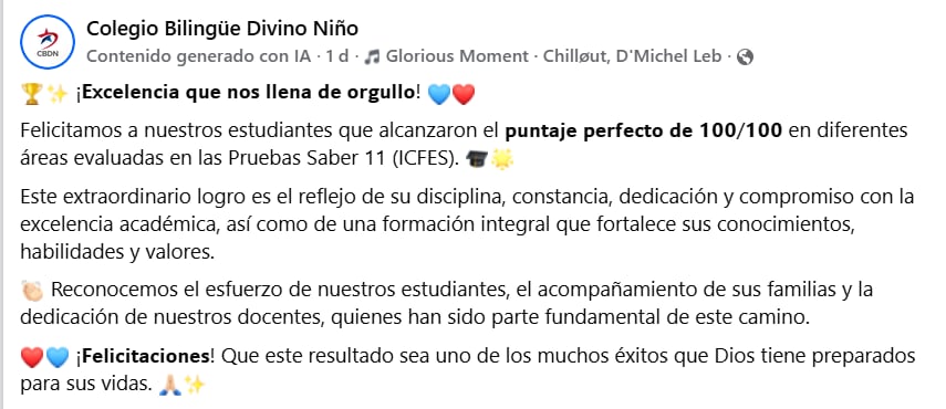 La institución felicitó a los jóvenes que se esforzaron en el desarrollo de las Pruebas Saber 11 (Colegio Bilingüe Divino Niño/Facebook)