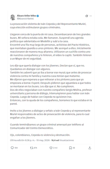 Álvaro Uribe y su pronunciamiento sobre lo sucedido a las afueras de su casa