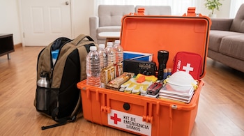 Una caja naranja de kit de emergencia sísmica con radio, linterna, agua, barras de comida, botiquín, guantes, silbato, mascarillas y mantas; junto a una mochila.