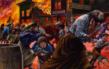 Un cuadro de Mel Kishner que representa a los habitantes del pueblo durante el incendio de Peshtigo