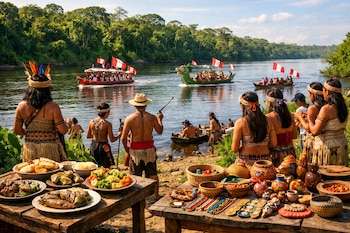 Personas con vestimenta amazónica en orilla de río. Barcos con banderas peruanas en el agua. Mesas con platos de comida regional y artesanías. Selva densa al fondo.