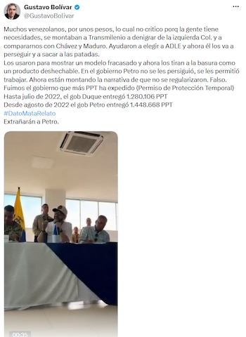 Gustavo Bolívar critica la política migratoria de Abelardo de la Espriella tras anuncio de deportaciones - crédito @GustavoBolivar/X