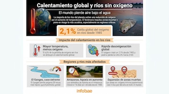Infografía de fondo naranja y gris mostrando un termómetro gigante junto a un globo terráqueo derritiéndose y un pez muerto en un río, con datos sobre la pérdida de oxígeno fluvial.