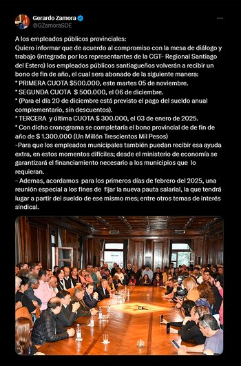 El gobernador de Santiago del Estero, Gerardo Zamora, anunció un bono de un millón 3000 mil pesos para los empleados estatales