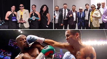 Un collage muestra un evento con personas vestidas elegantemente, algunas con premios y un cinturón de boxeo, y dos boxeadores combatiendo en un ring.