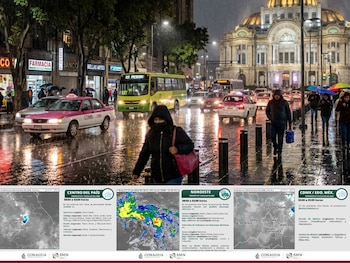 Calle con gente y vehículos bajo la lluvia frente al Palacio de Bellas Artes, con mapas meteorológicos del pronóstico del tiempo en la parte inferior