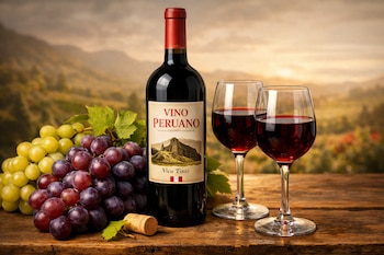Botella de vino tinto peruano, uvas verdes y moradas, y dos copas de vino sobre madera. Al fondo, un paisaje de viñedos con cielos cálidos.