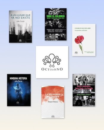 Seis portadas de libros de la editorial Octógono, incluyendo títulos como 'Los paraísos artificiales' y 'Ninguna historia', junto al logo de un pulpo