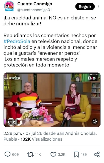 Una captura de pantalla de una publicación de redes sociales con texto sobre crueldad animal. Se ve un video con un hombre y una mujer en un set de televisión
