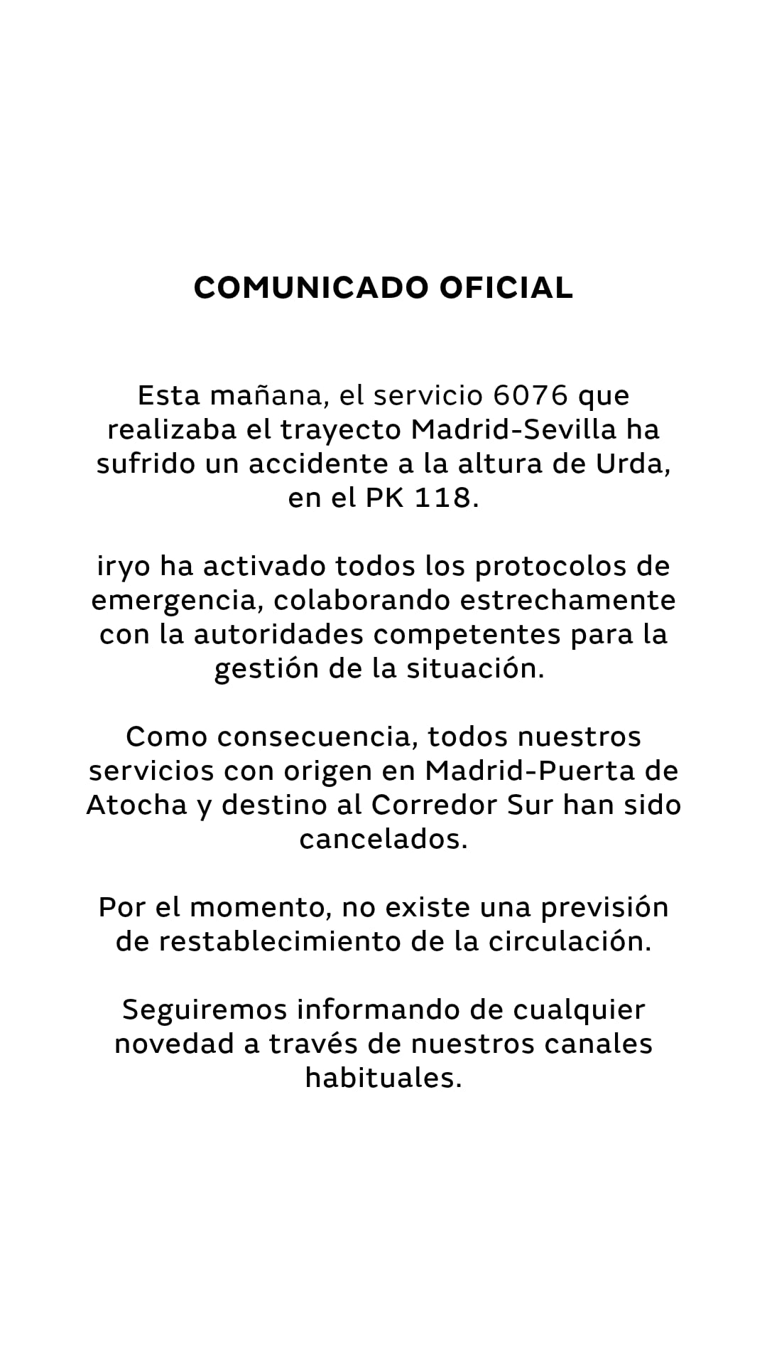 Comunicado oficial de Iryo. (X)