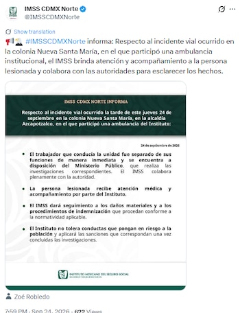 Comunicado del IMSS tras los hechos. Crédito: X - @IMSSCDMXNorte