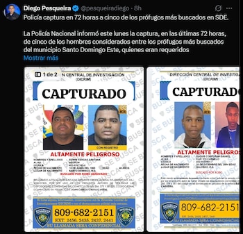 José Alberto Medina (a) Chiquito, de 23 años, uno de los cinco prófugos más buscados capturados por la Policía Nacional y la DICRIM en Santo Domingo Este (Cortesía: @pesqueiradiego).
