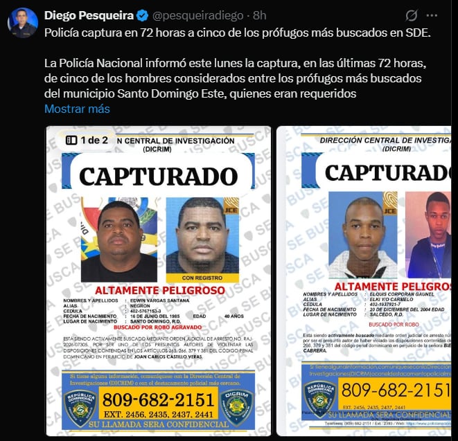 José Alberto Medina (a) Chiquito, de 23 años, uno de los cinco prófugos más buscados capturados por la Policía Nacional y la DICRIM en Santo Domingo Este (Cortesía: @pesqueiradiego).