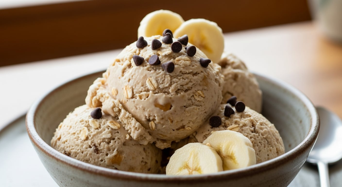 Este helado cremoso de banana, avena y mantequilla de maní, decorado con chips de chocolate y rodajas de banana, es una opción refrescante y nutritiva presentada en un bol sobre un fondo cálido. (Imagen Ilustrativa Infobae)