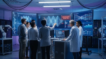 Grupo de seis científicos de pie en un laboratorio de IA frente a múltiples pantallas que muestran gráficos de redes neuronales y una alerta roja de 'uncertainty detected'.