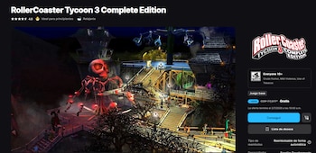 Juego RollerCoaster Tycoon 3 Complete Edition. Parque de atracciones nocturno con esqueleto gigante, casa embrujada, atracciones, gente. Logo, ESRB, "GRATIS"