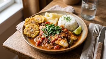 El pescado guisado se sirve caliente con arroz blanco, patacones, yuca o una ensalada fresca - crédito VisualesIA Infobae