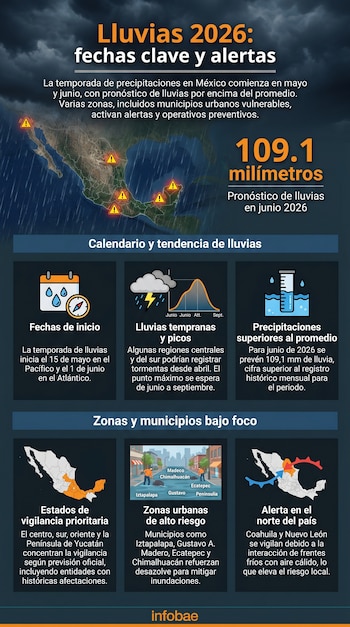 Infografía sobre las lluvias 2026 en México, con mapa del país destacando zonas de riesgo, calendario de inicio, pronóstico de 109.1 mm para junio y alertas municipales.