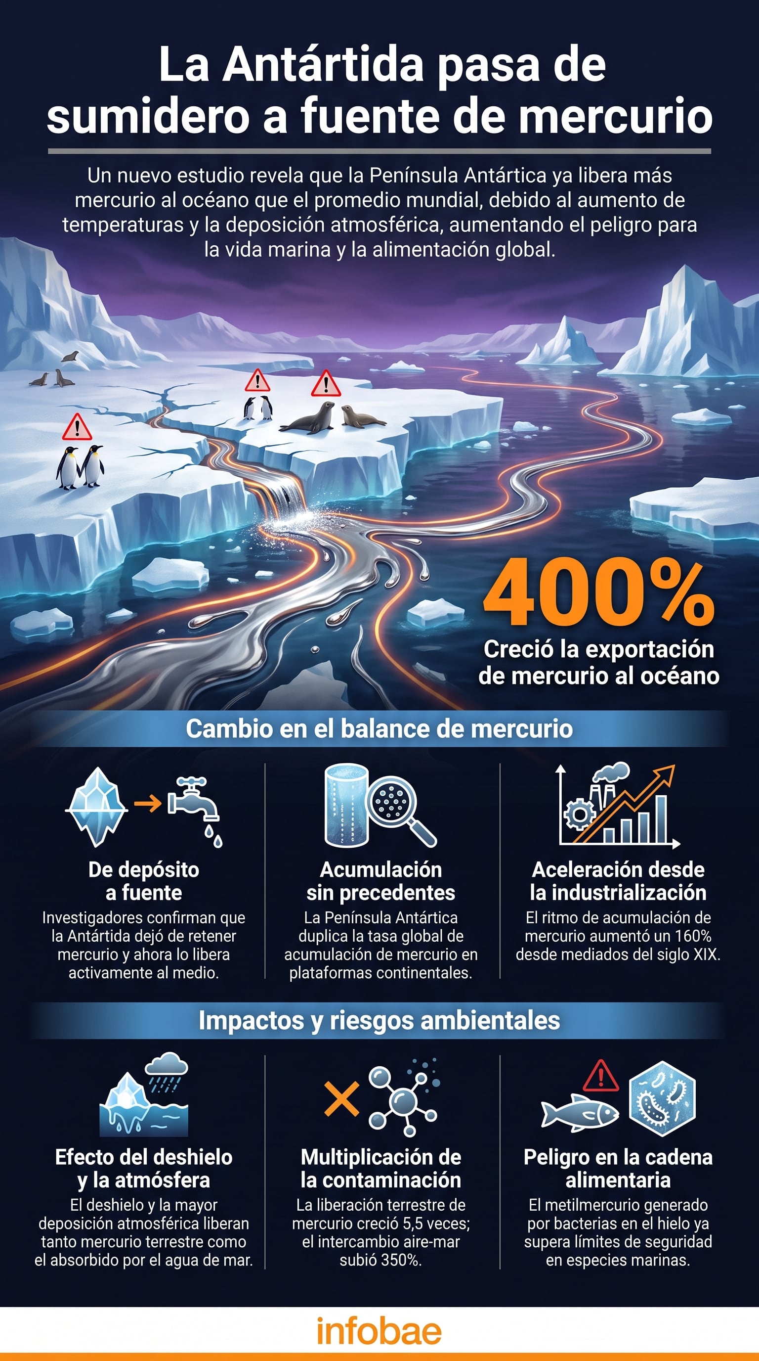 Un diagrama ilustra cómo la Península Antártica libera mercurio al océano, con el deshielo y la deposición atmosférica acelerando su exportación y el riesgo para la vida marina. (Imagen Ilustrativa Infobae)