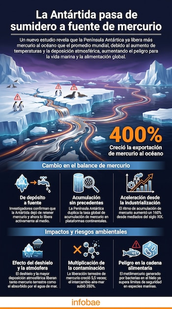 Infografía de un paisaje antártico con icebergs, agua, hielo, pingüinos, focas, símbolos de advertencia y un flujo de mercurio entre las placas de hielo.