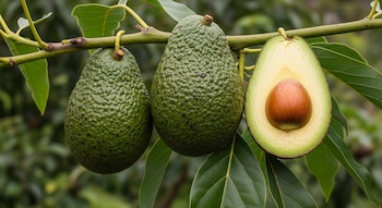 Tres aguacates cuelgan de una rama con hojas verdes. Dos están enteros y uno está cortado por la mitad, mostrando su pulpa verde y la semilla.