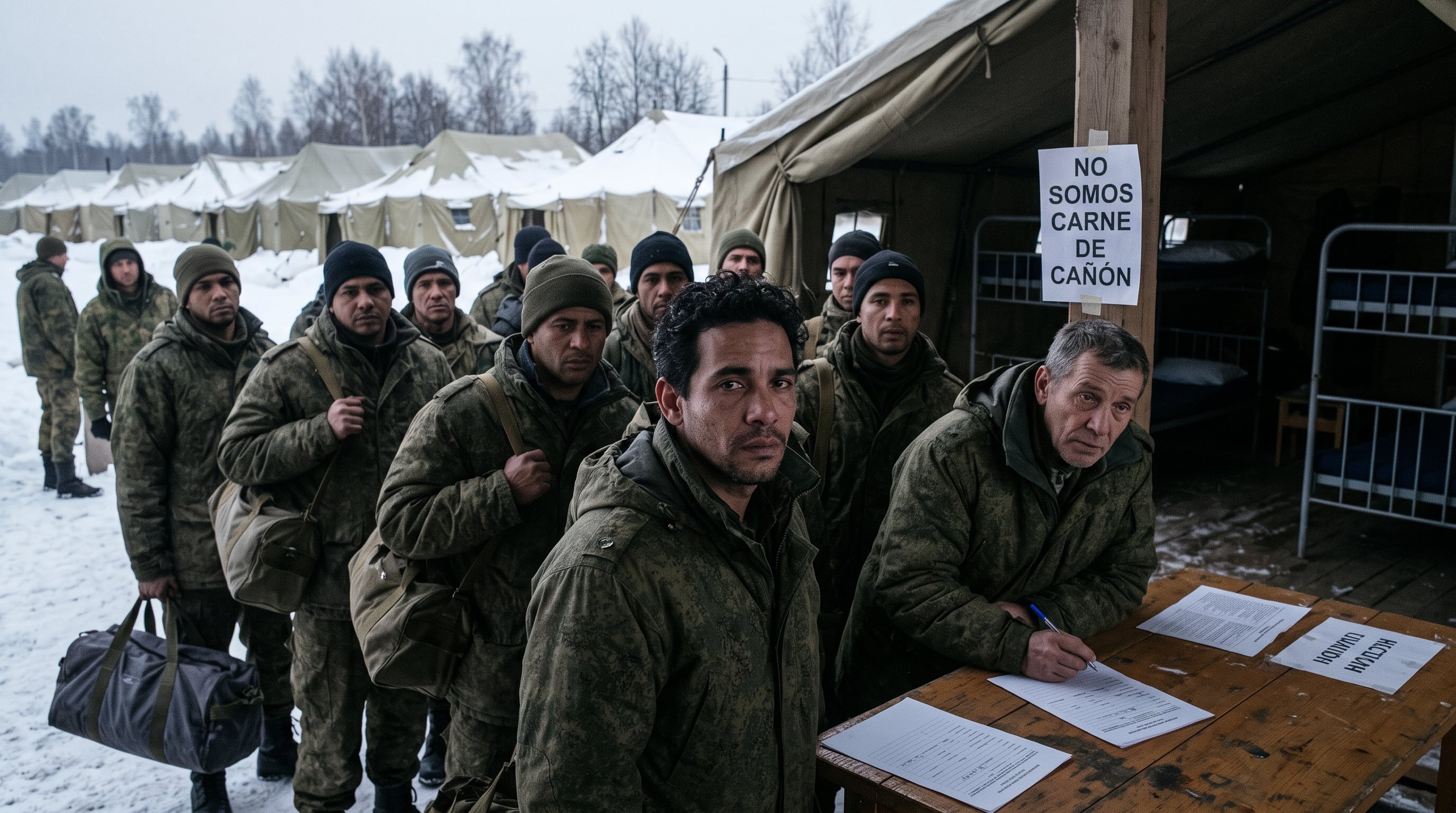 Un grupo de hombres uniformados realiza un registro en un campamento militar en la nieve donde se observa un cartel contra el uso de reclutas como carne de cañón. (Imagen Ilustrativa Infobae)