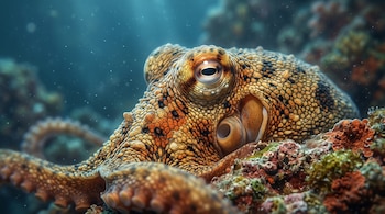 Plano de la cabeza, el ojo y los tentáculos de un pulpo con piel de textura granular sobre rocas marinas en un entorno acuático.