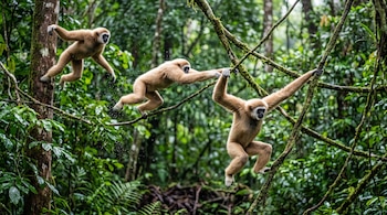 Tres gibones de pelaje claro suspendidos en el aire y sujetos a ramas finas y lianas en medio de vegetación selvática lluviosa.