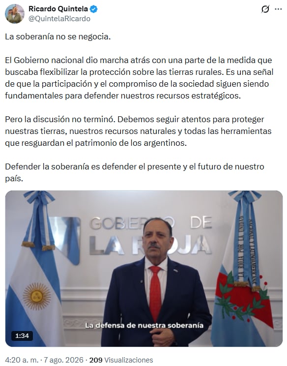 El comunicado que publicó el mandatario riojano