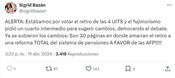 Sigrid Bazán criticó texto sustitutorio