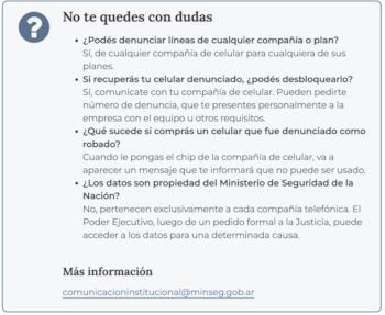 Captura de pantalla de un documento con preguntas y respuestas sobre la denuncia de celulares, mostrando el título 'No te quedes con dudas' y un ícono de interrogación
